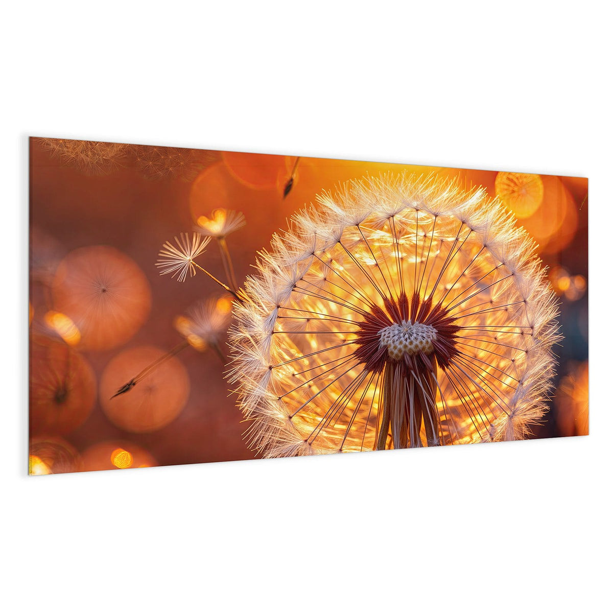 Pusteblume im Gegenlicht der untergehenden Sonne, einzelne Schirmchen fliegen