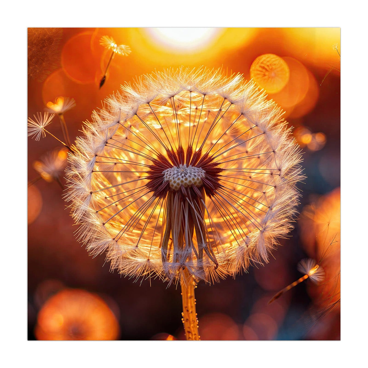 Pusteblume im Gegenlicht der untergehenden Sonne, einzelne Schirmchen fliegen