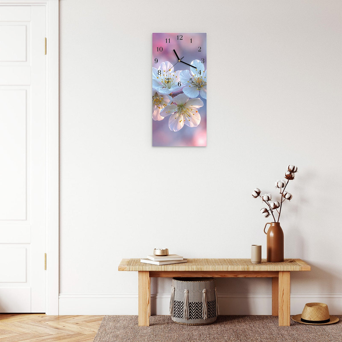 Moderne Wanduhr aus Glas mit Farbtiefe – Wanduhr Rosa Blütenzweig aus Glas – Hochformat 30 × 60 cm