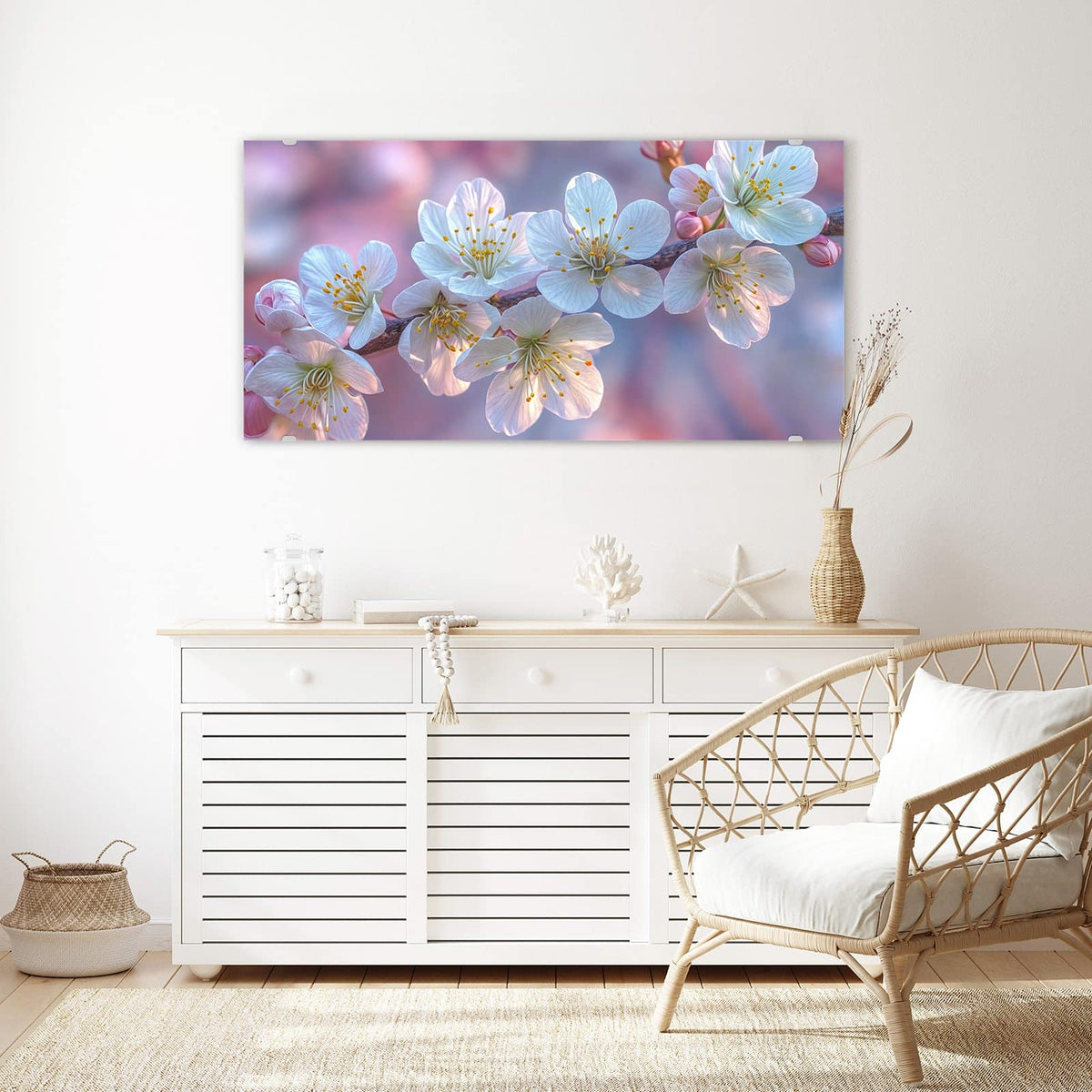 Echtglas, 4 mm – kein Acryl, keine Folie – Wandbild - Weißer Blütenzweig - Querformat