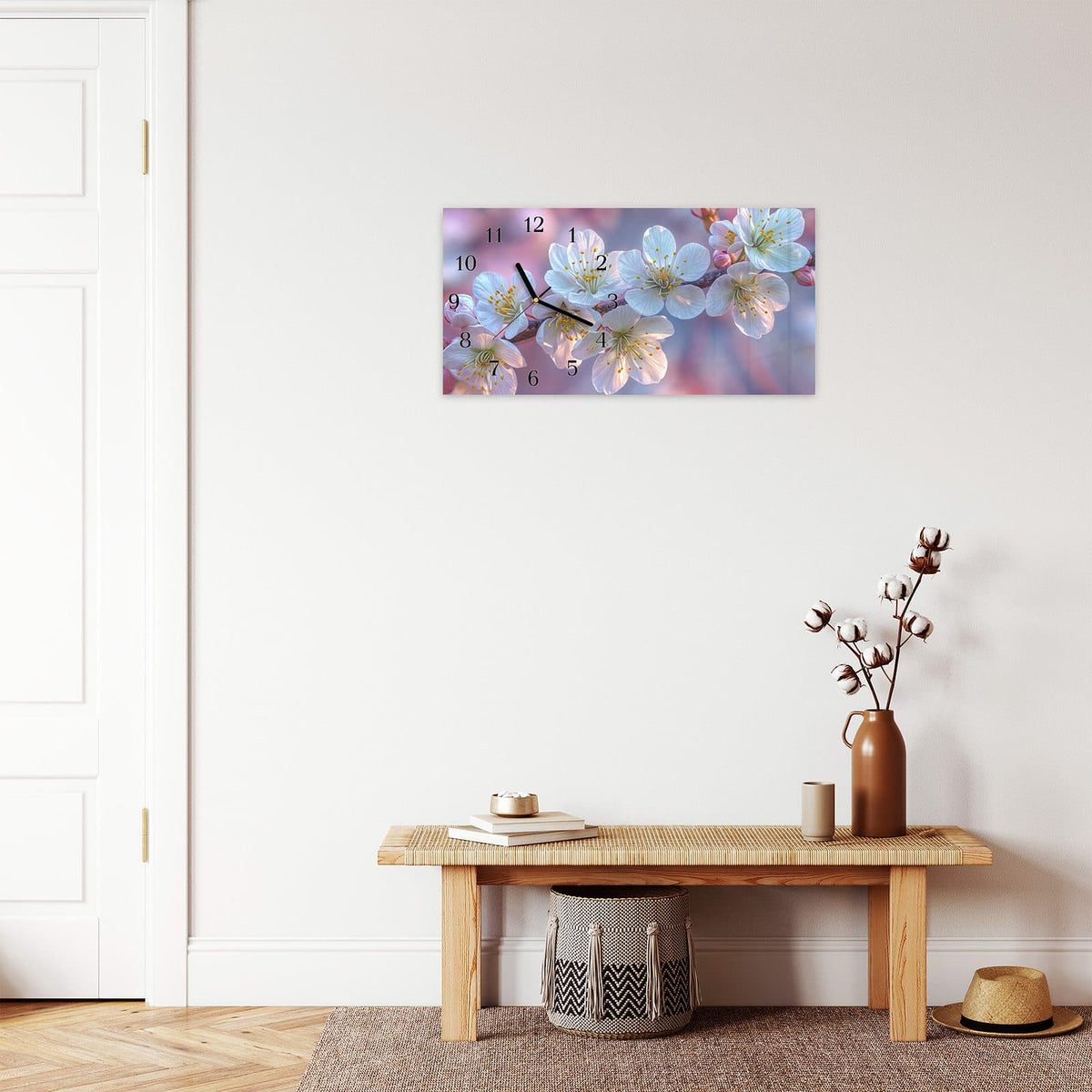 Moderne Wanduhr aus Glas mit Farbtiefe – Wanduhr Rosa Blütenzweig aus Glas – Querformat 60 × 30 cm