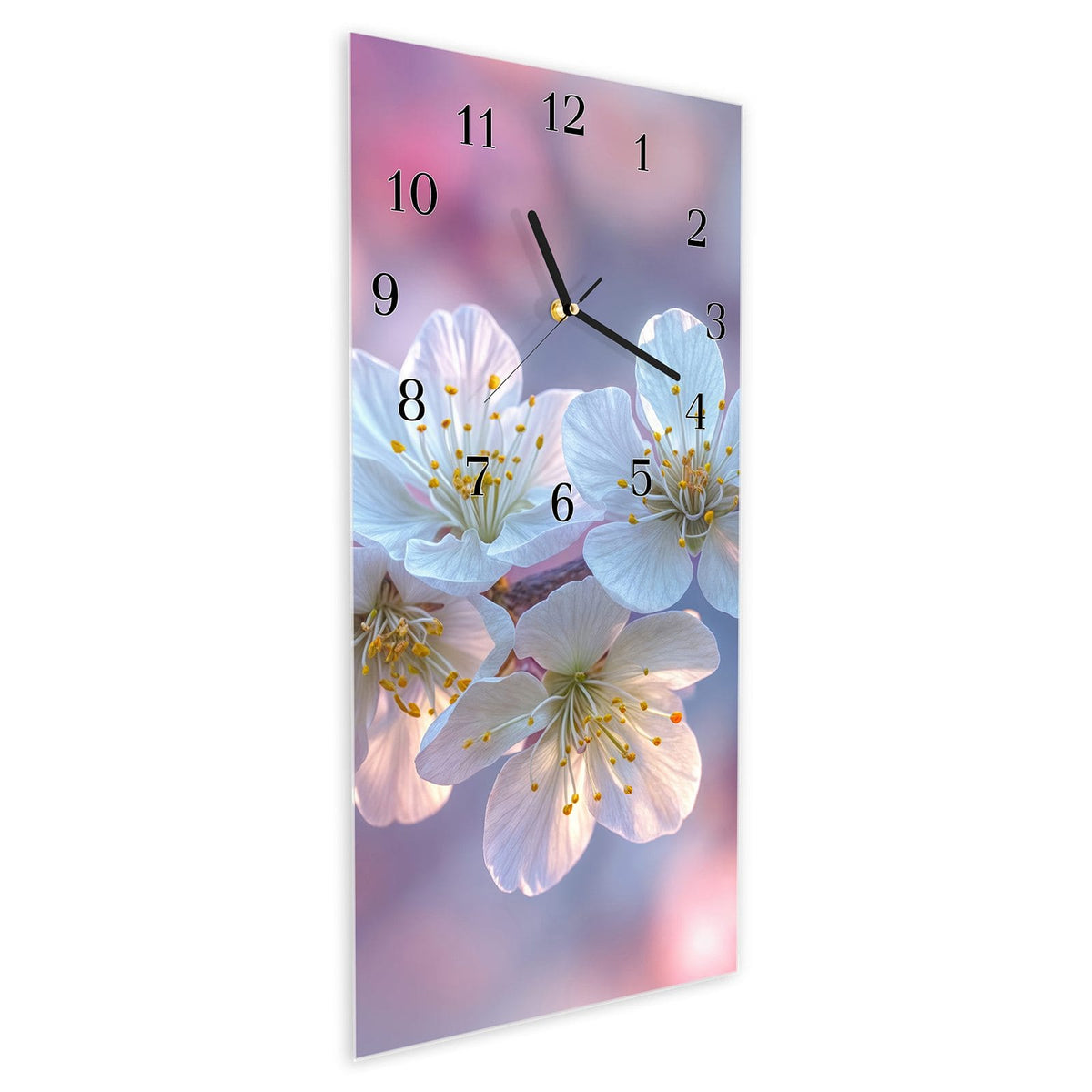 Vormontiert – mit Schwebeeffekt – Wanduhr Rosa Blütenzweig aus Glas – Hochformat 30 × 60 cm