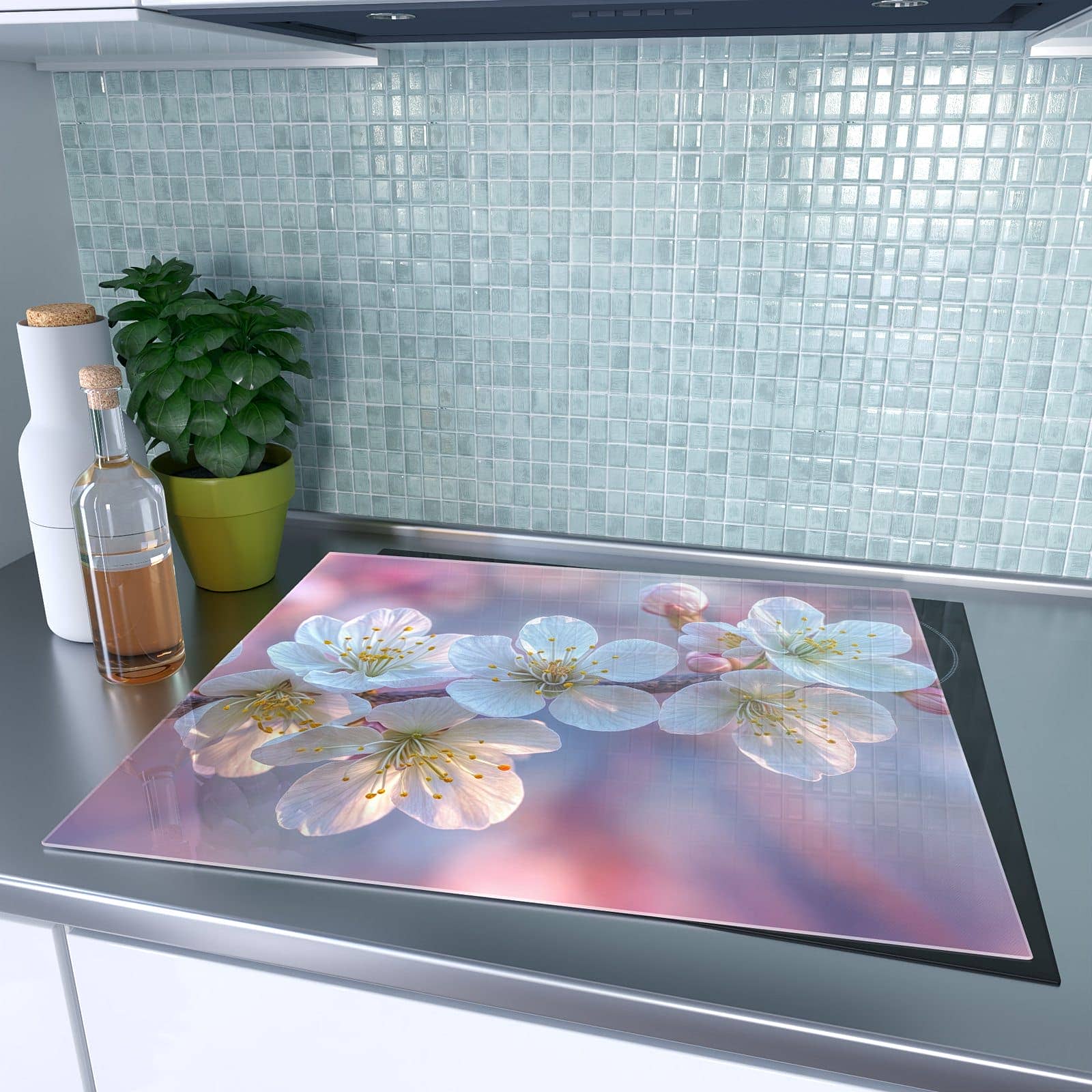 1-teilige Herdabdeckplatten für Ceranfeld mit Rosa Blütenzweig-Motiv auf dem Ceranfeld