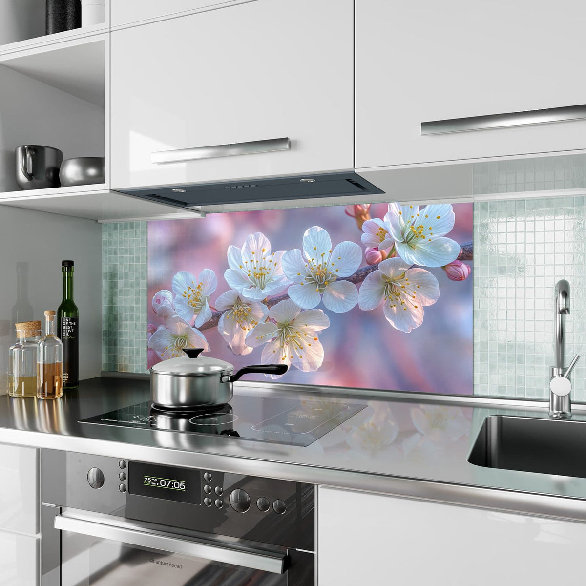 Küchenrückwand aus Glas Weißer Blütenzweig im Hochformat als Spritzschutz hinter dem Kochfeld, über dem Fliesenspiegel montiert