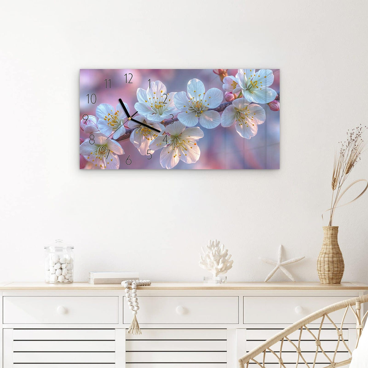 Wanduhr Rosa Blütenzweig aus Glas – Querformat 60 × 30 cm – Kirschblütenast vor blauem Himmel