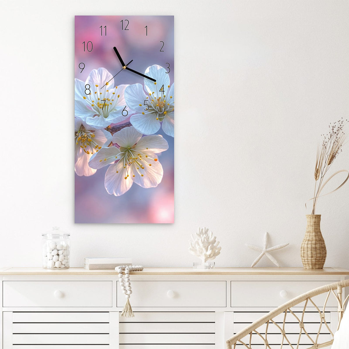 Wanduhr Rosa Blütenzweig aus Glas – Hochformat 30 × 60 cm – Kirschblütenast vor blauem Himmel
