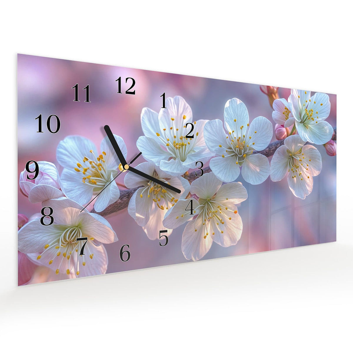 Vormontiert – mit Schwebeeffekt – Wanduhr Rosa Blütenzweig aus Glas – Querformat 60 × 30 cm