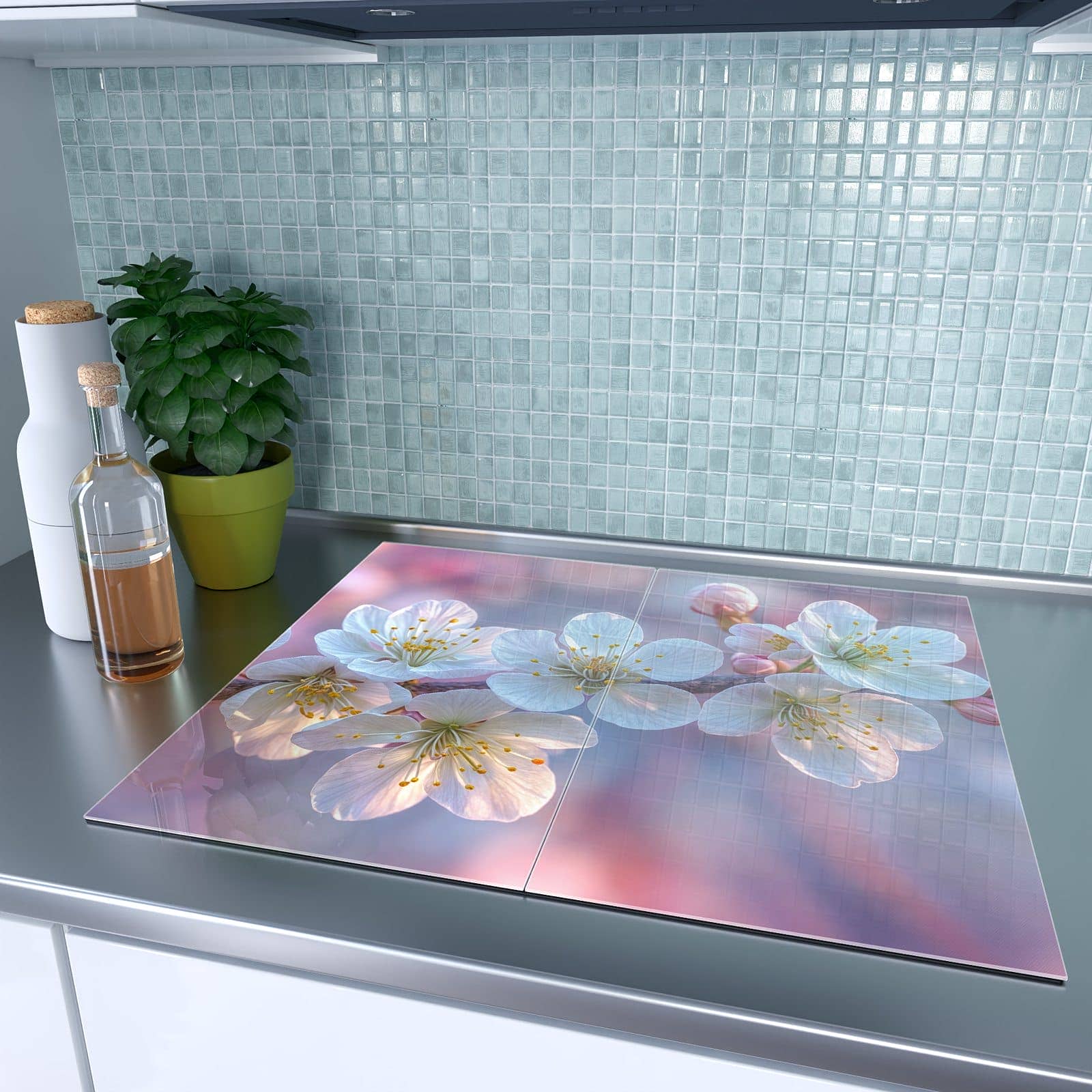 2-teilige Herdabdeckplatten aus Glas mit Rosa Blütenzweig-Motiv auf dem Ceranfeld