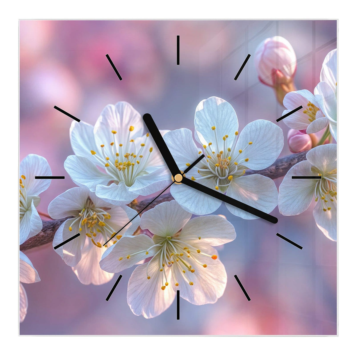 Wanduhr aus Glas, Ziffernblatt Linie mit Motiv Weißer Blütenzweig: Weiße Kirschblüten mit gelben Staubgefäßen am Zweig vor rosa-lila Bokeh
