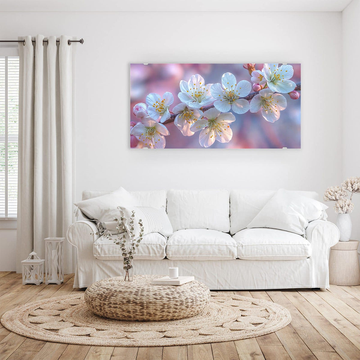 Wandbild - Weißer Blütenzweig - Querformat – Weiße Kirschblüten vor rosa Licht