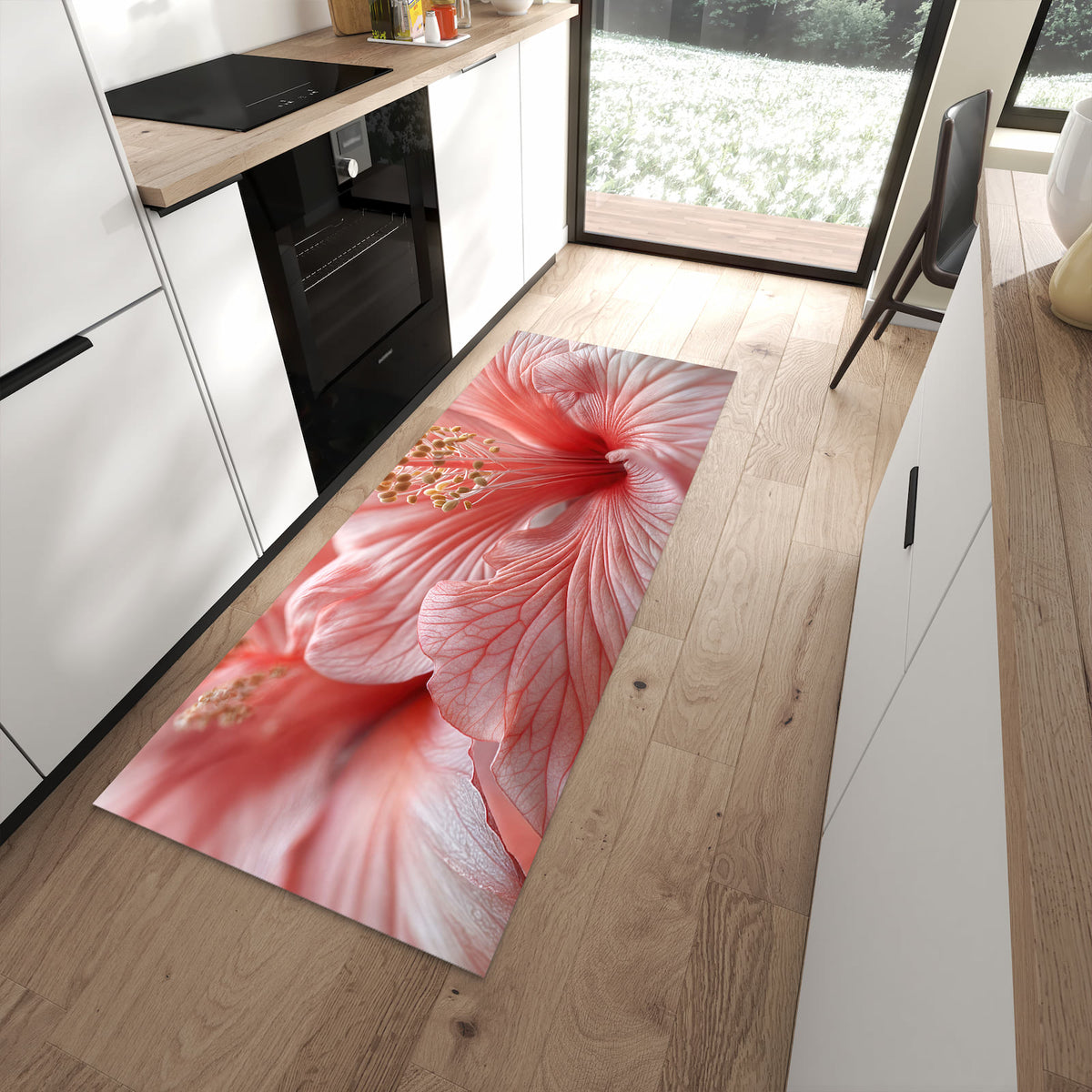 Schmutzabweisender Bodenläufer mit Motiv Blumenzauber in moderner Küche