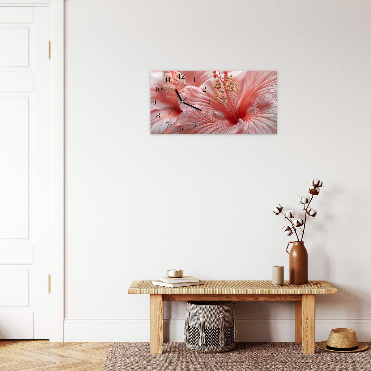 Moderne Wanduhr aus Glas mit Farbtiefe – Wanduhr Blumenzauber aus Glas – Querformat 60 × 30 cm