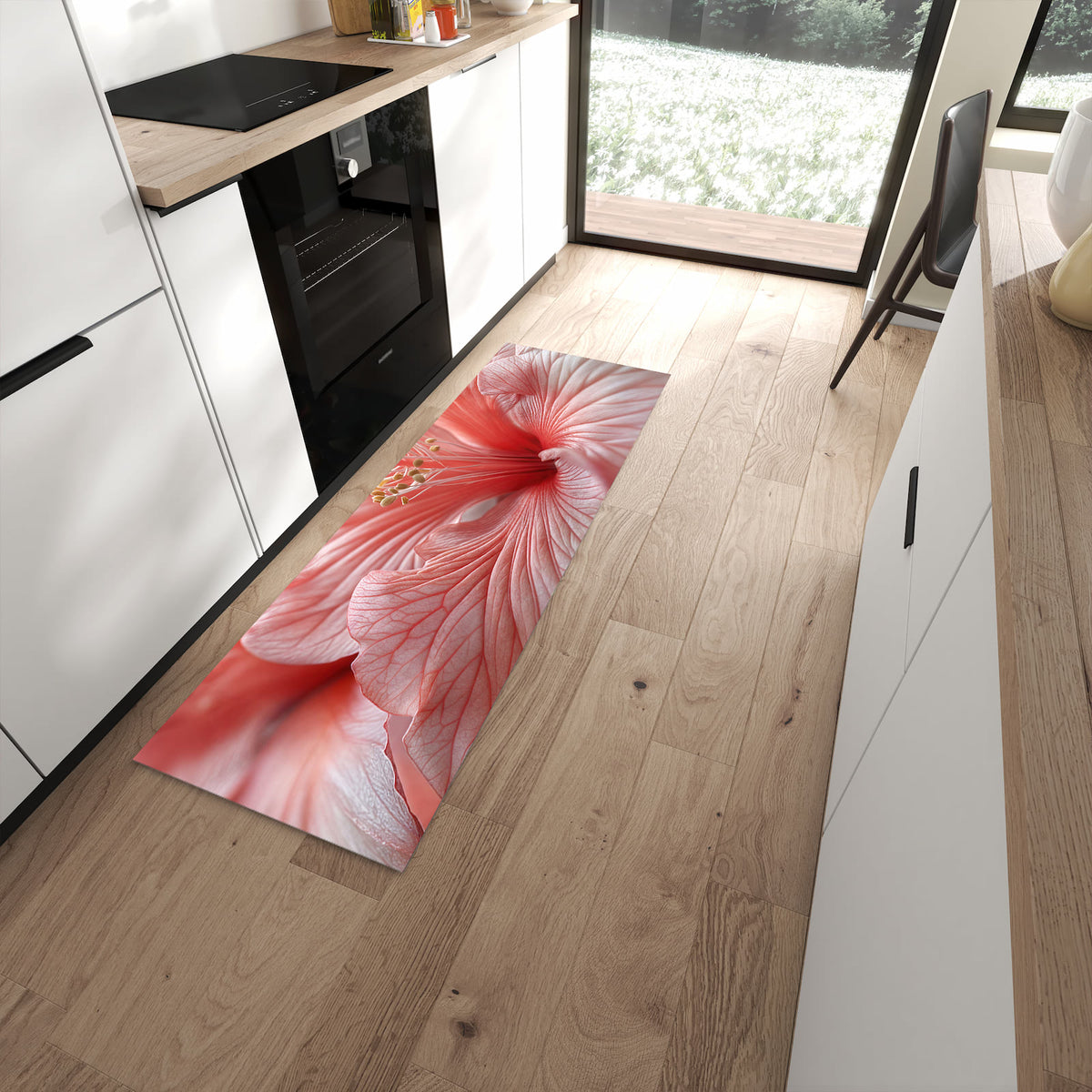 Abriebfester Küchenteppich mit Motiv Blumenzauber in moderner Küche