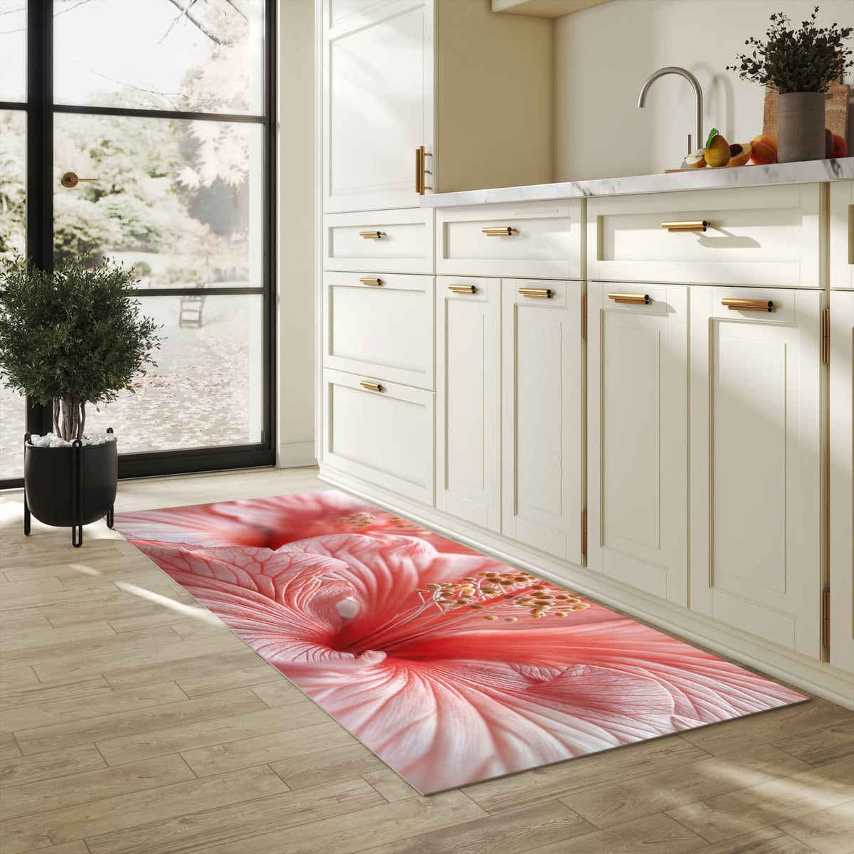 Farbbeständiger rutschfester Küchenteppich mit Motiv Blumenzauber in heller Küche