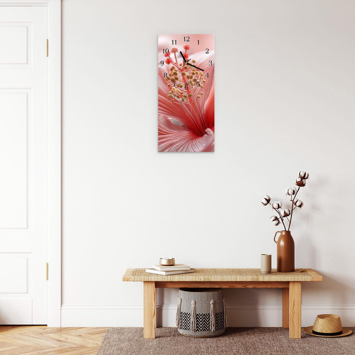 Moderne Wanduhr aus Glas mit Farbtiefe – Wanduhr Blumenzauber aus Glas – Hochformat 30 × 60 cm
