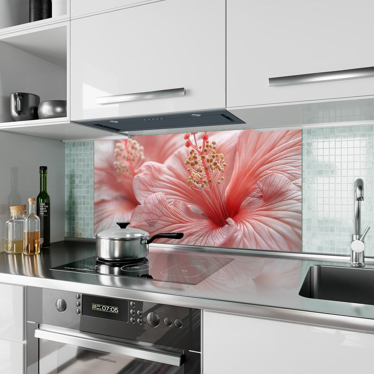 Küchenrückwand aus Glas Rosa Hibiskusblüte im Hochformat als Spritzschutz hinter dem Kochfeld, über dem Fliesenspiegel montiert