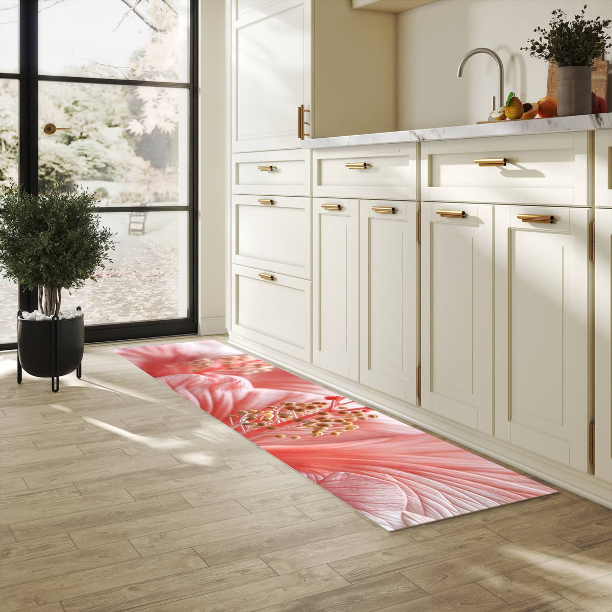 Strapazierfähiger Küchenteppich mit Motiv Blumenzauber in heller Küche