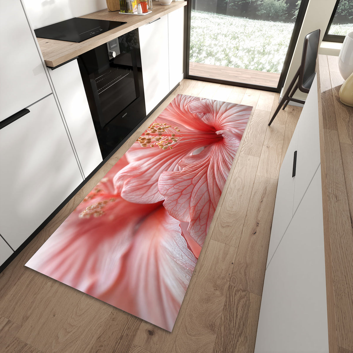 Komfortabler rutschfester Küchenteppich mit Motiv Blumenzauber in moderner Küche