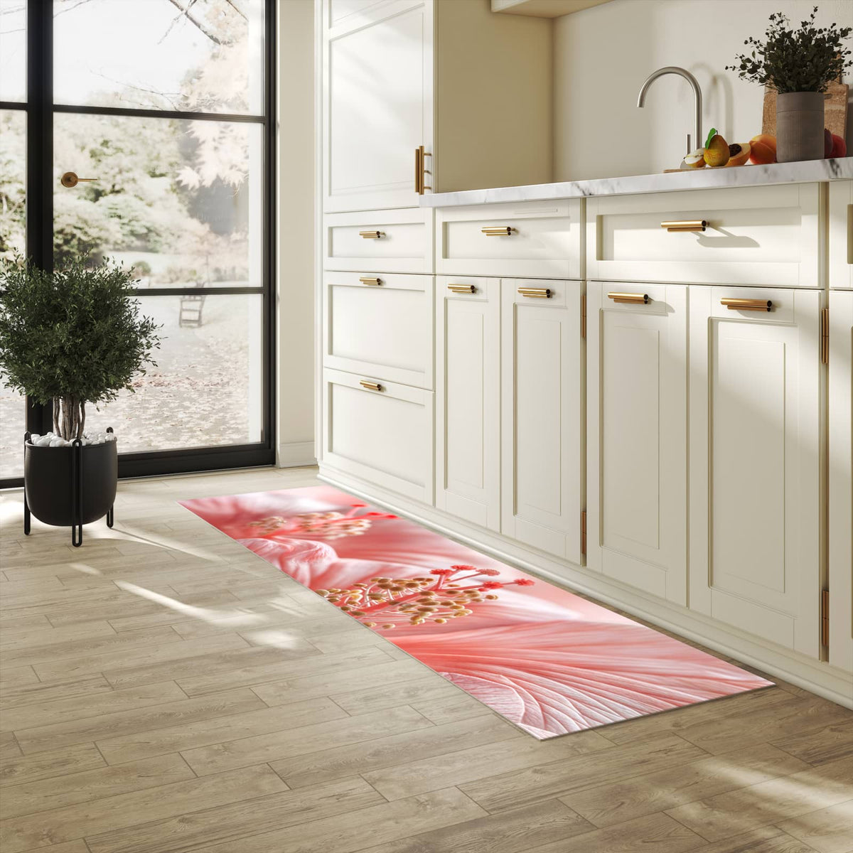 Hygienischer Bodenläufer Teppich mit Motiv Blumenzauber in heller Küche