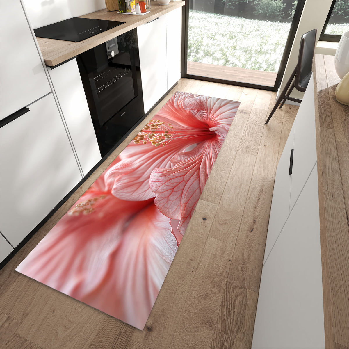 Geruchsneutraler Bodenläufer Teppich mit Motiv Blumenzauber in moderner Küche