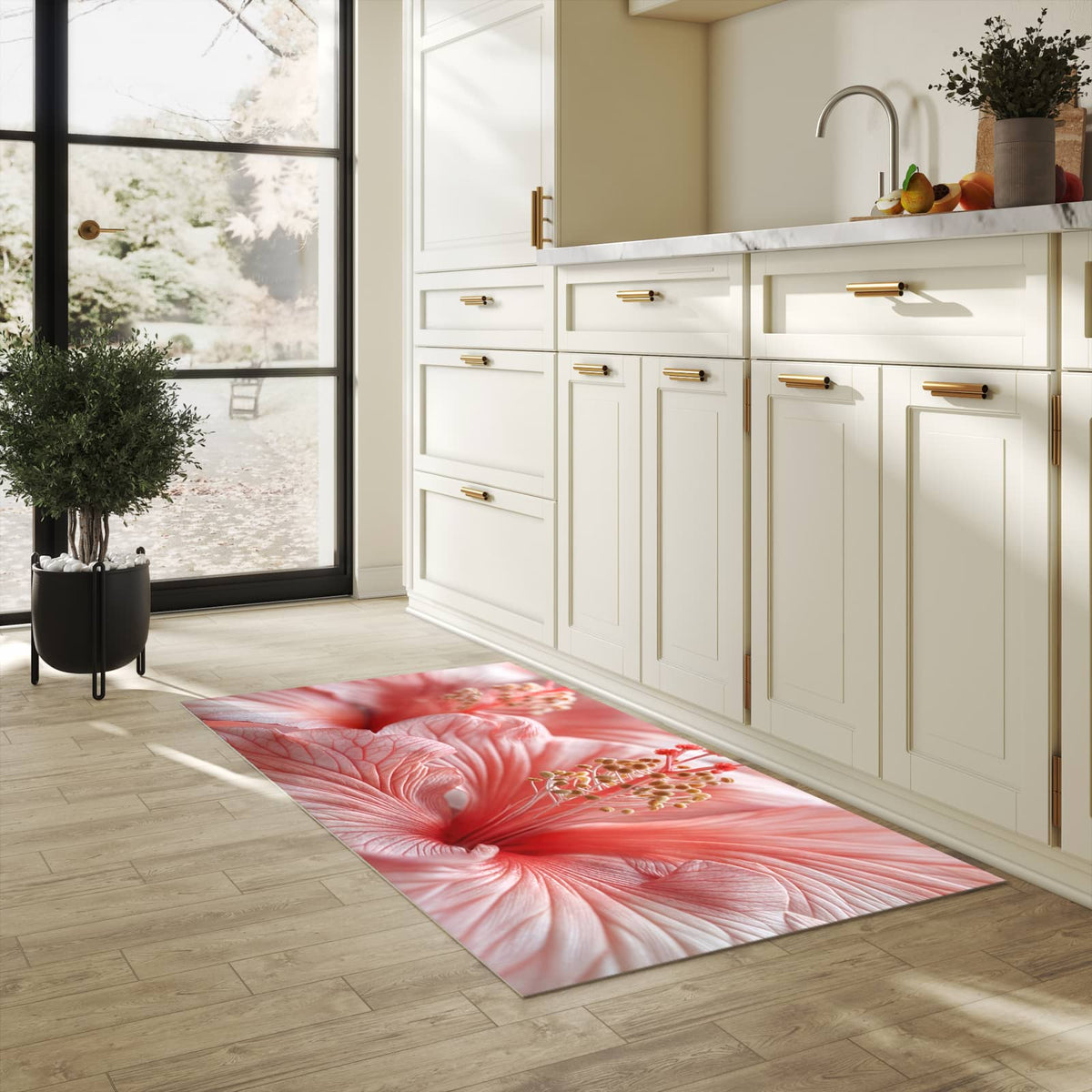 Bodenschonender großer Küchenteppich mit Motiv Blumenzauber in heller Küche