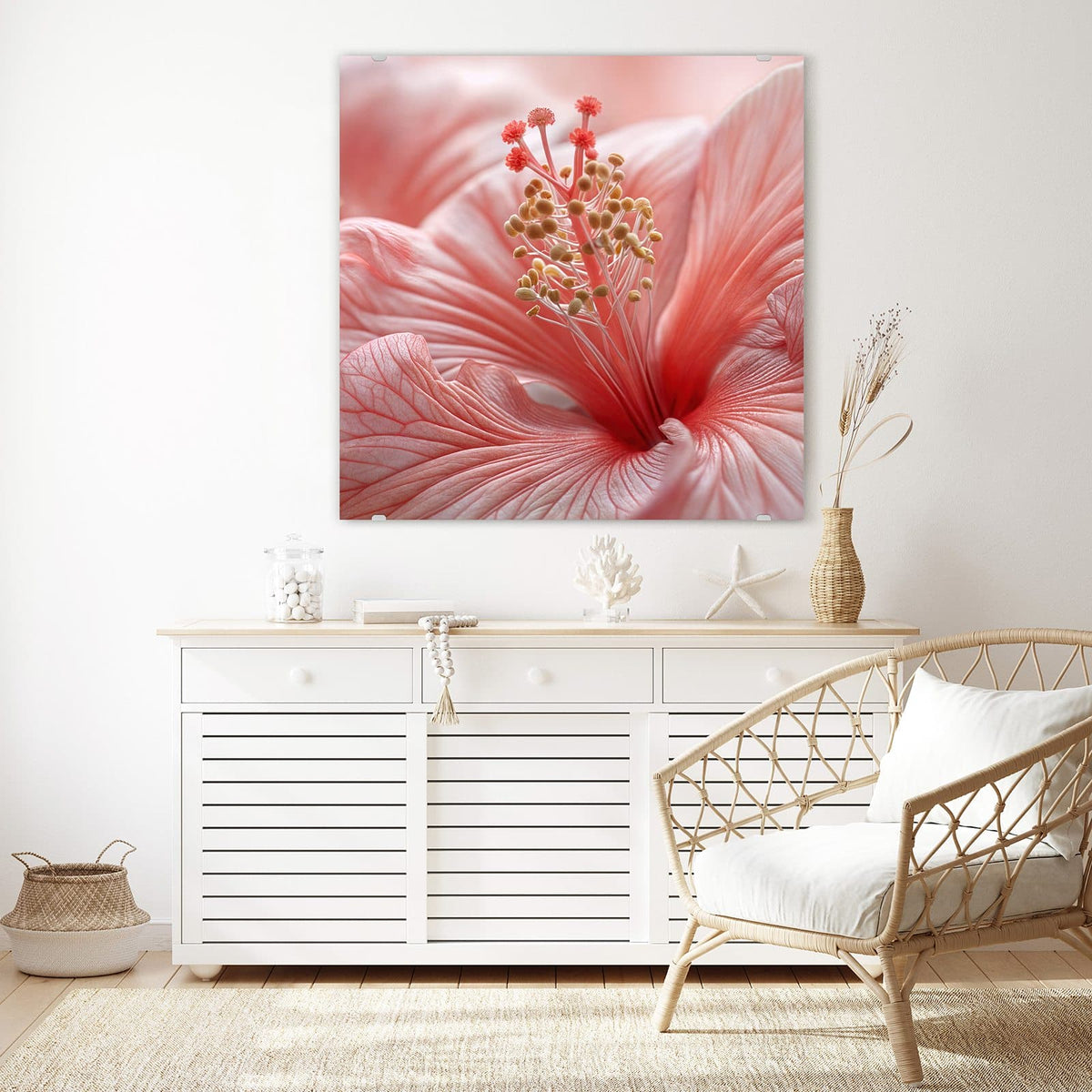 Echtglas, 4 mm – kein Acryl, keine Folie – Wandbild - Rosa Hibiskusblüte - Quadratisch