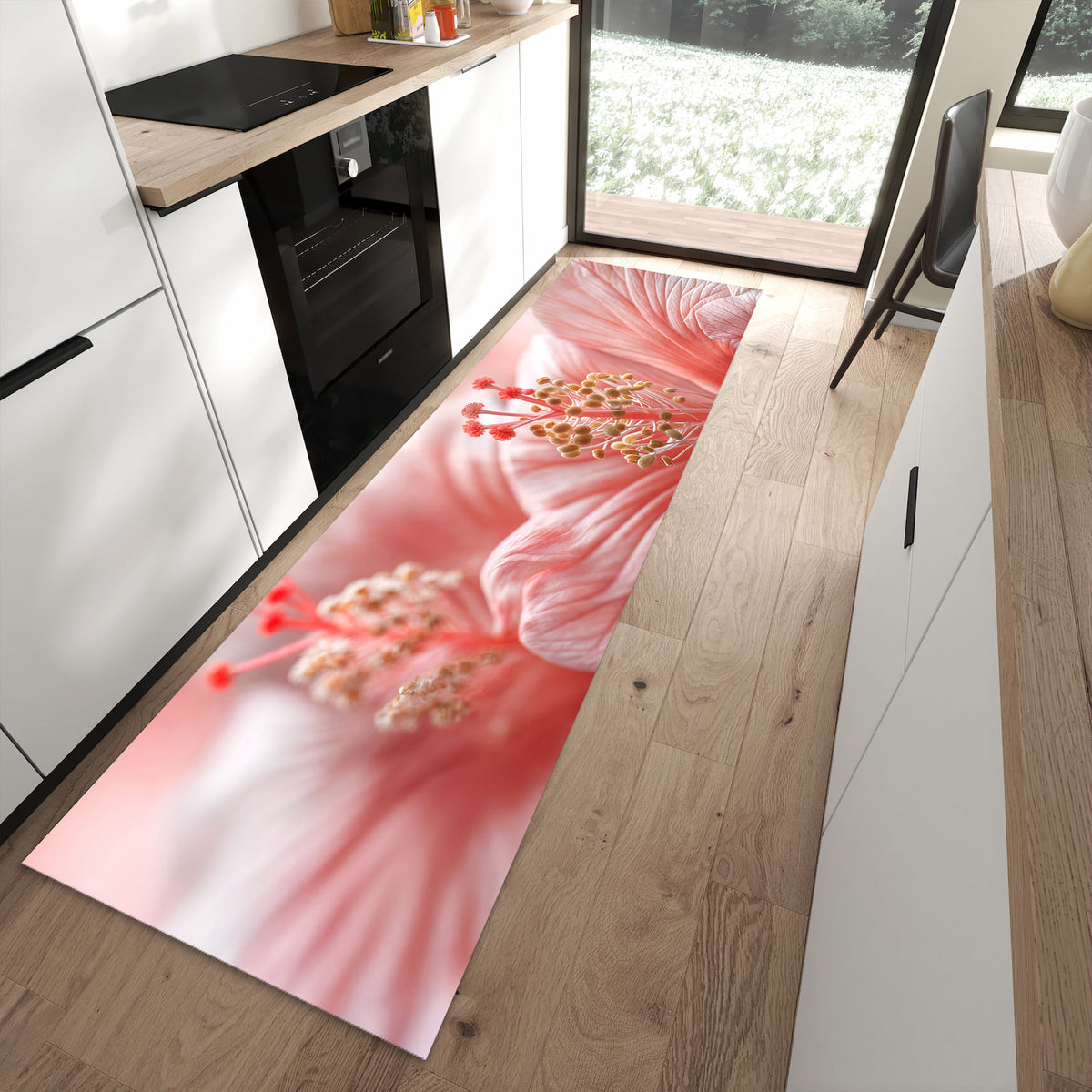 Langlebiger Küchenteppich mit Motiv Blumenzauber in moderner Küche