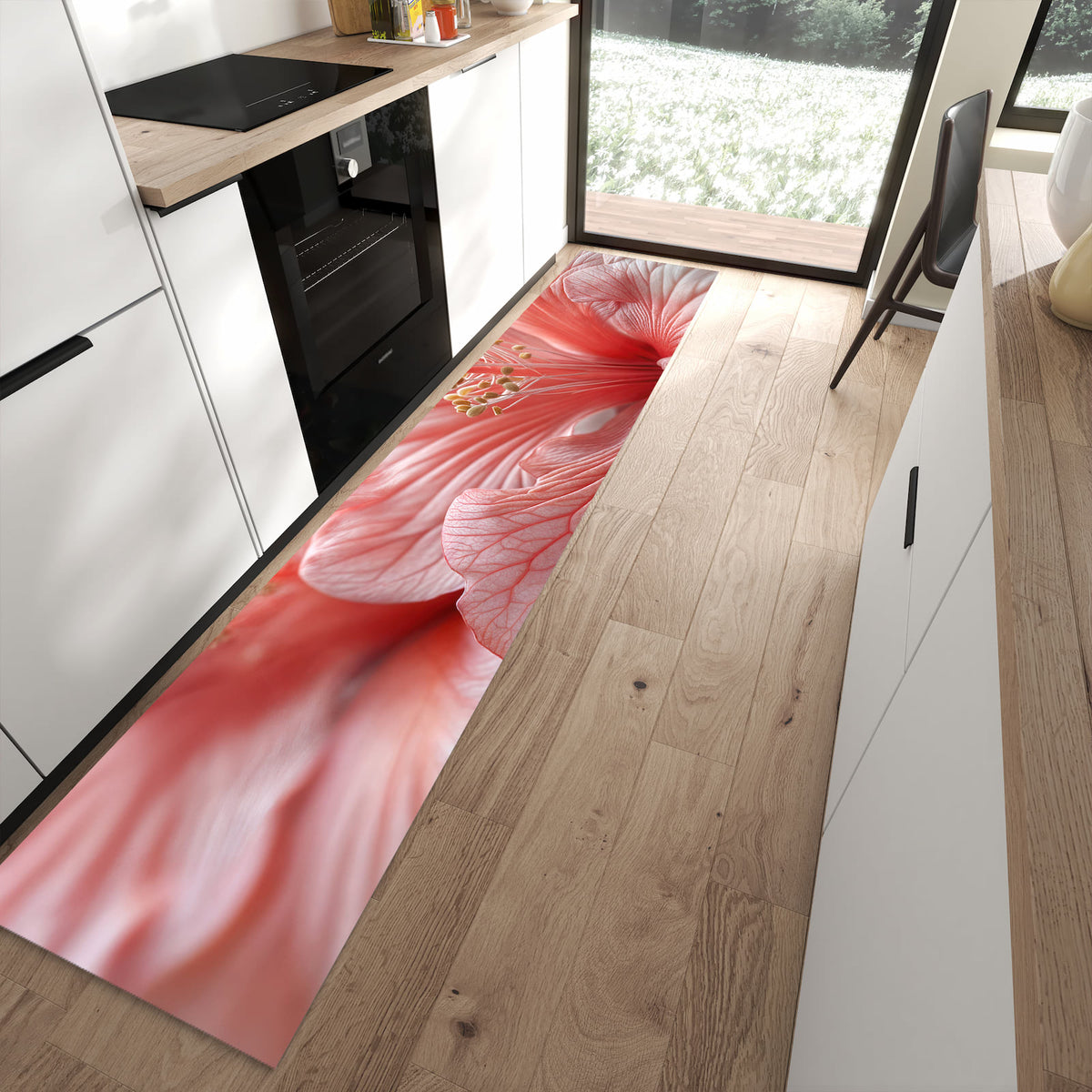 Wasserabweisender Teppich für Esstisch mit Motiv Blumenzauber in moderner Küche