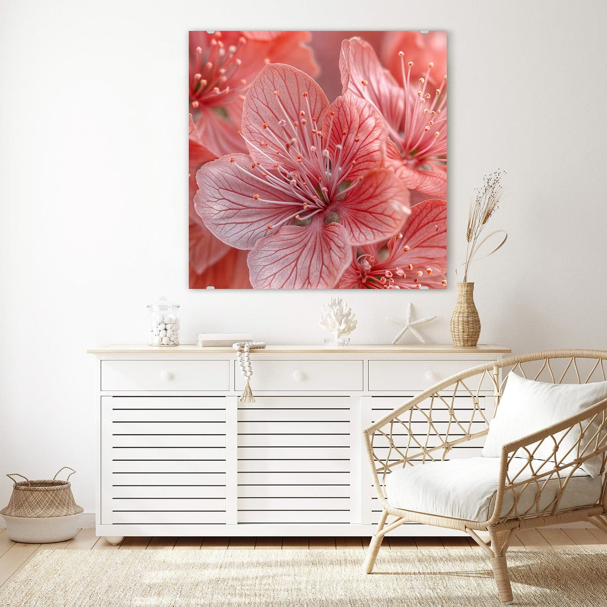 Glasbild Korallenrote Blüten an der Wand – Makro von korallenrosa Blüten mit feiner Aderung und langen hellen Staubgefäßen.