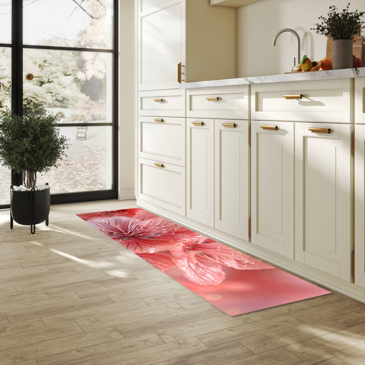 UV-beständiger Teppichläufer mit Motiv Stille Blumenpracht in heller Küche
