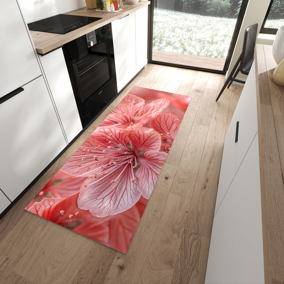 Bodenschonender Küchenteppich mit Motiv Stille Blumenpracht in moderner Küche