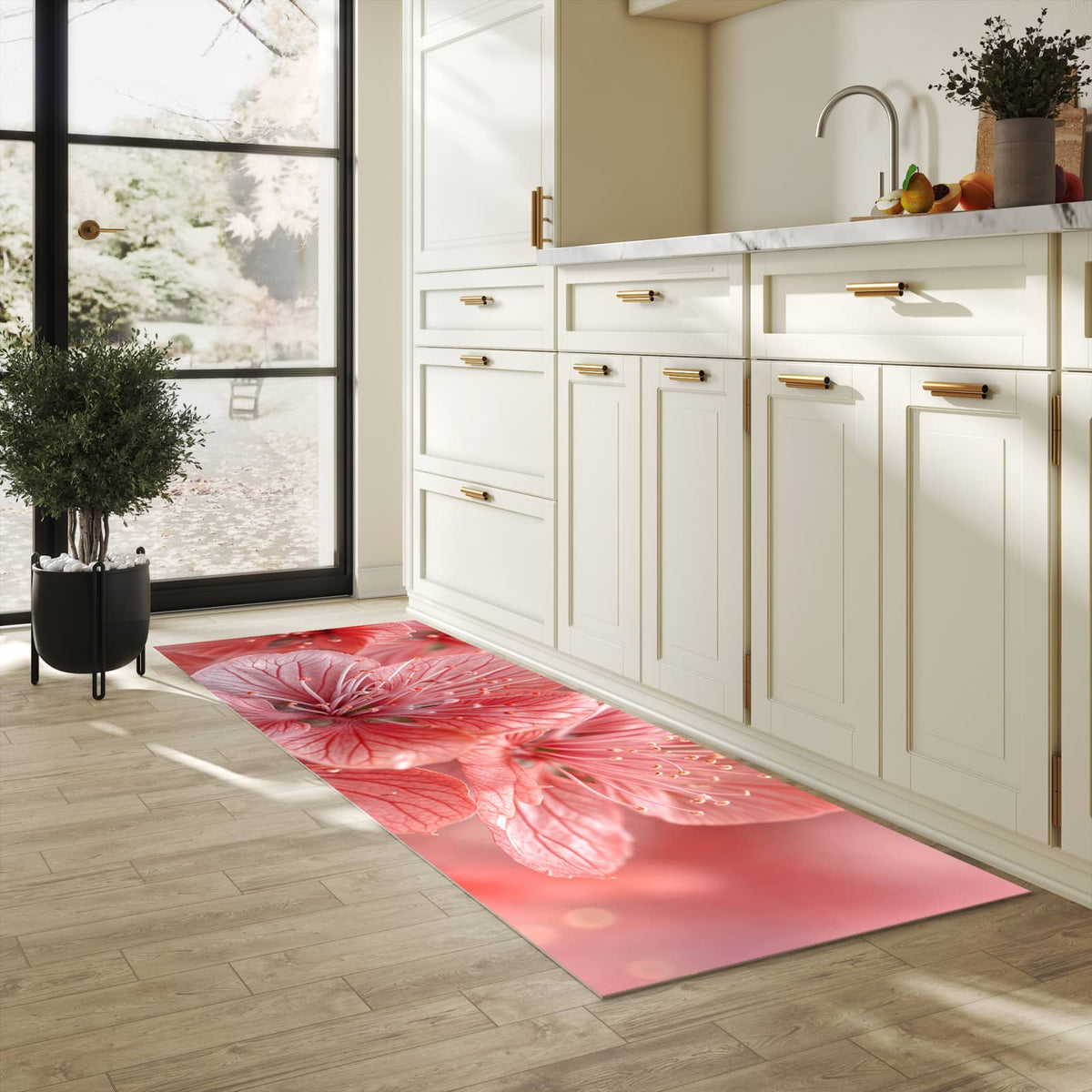 Geruchsneutraler rutschfester Läufer mit Motiv Stille Blumenpracht in heller Küche
