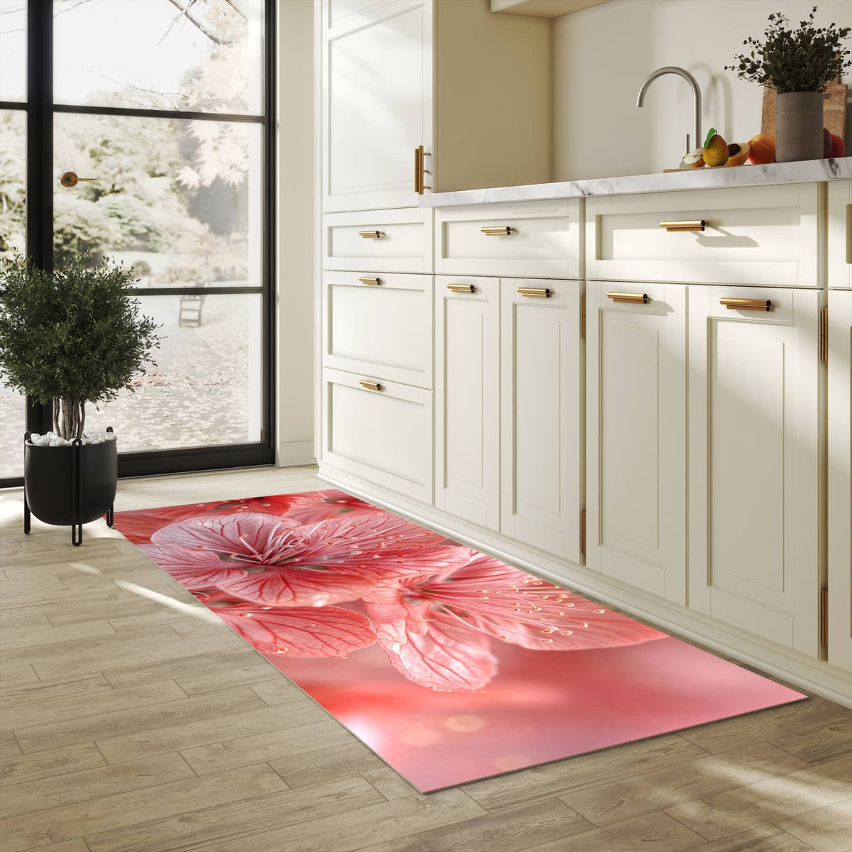 Komfortabler Teppich fürs Esszimmer mit Motiv Stille Blumenpracht in heller Küche, waschbar