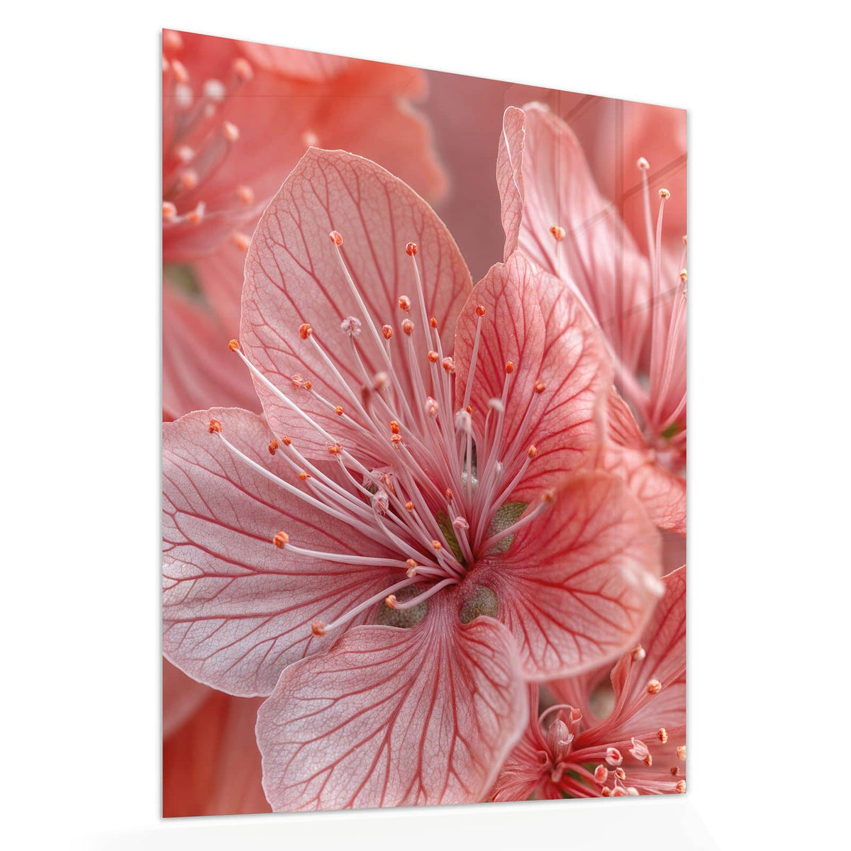 Echtglas, 4 mm – kein Acryl, keine Folie – Wandbild - Korallenrote Blüten - Hochformat