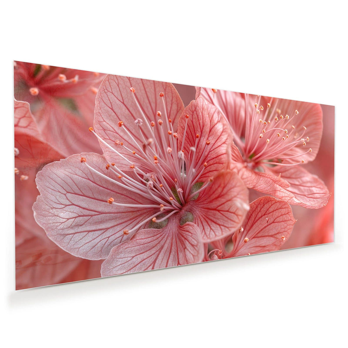 Makro von korallenrosa Blüten mit feiner Aderung und langen hellen Staubgefäßen.