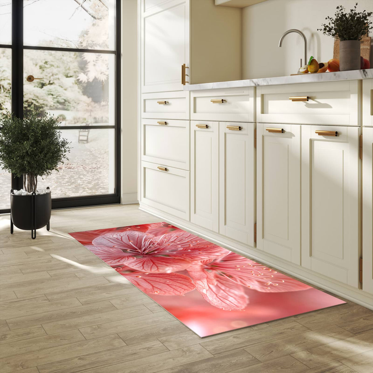 Schmutzabweisender Läufer mit Motiv Stille Blumenpracht für Eingangsbereich in heller Küche