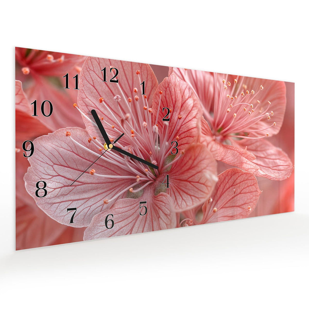 Vormontiert – mit Schwebeeffekt – Wanduhr Stille Blumenpracht aus Glas – Querformat 60 × 30 cm