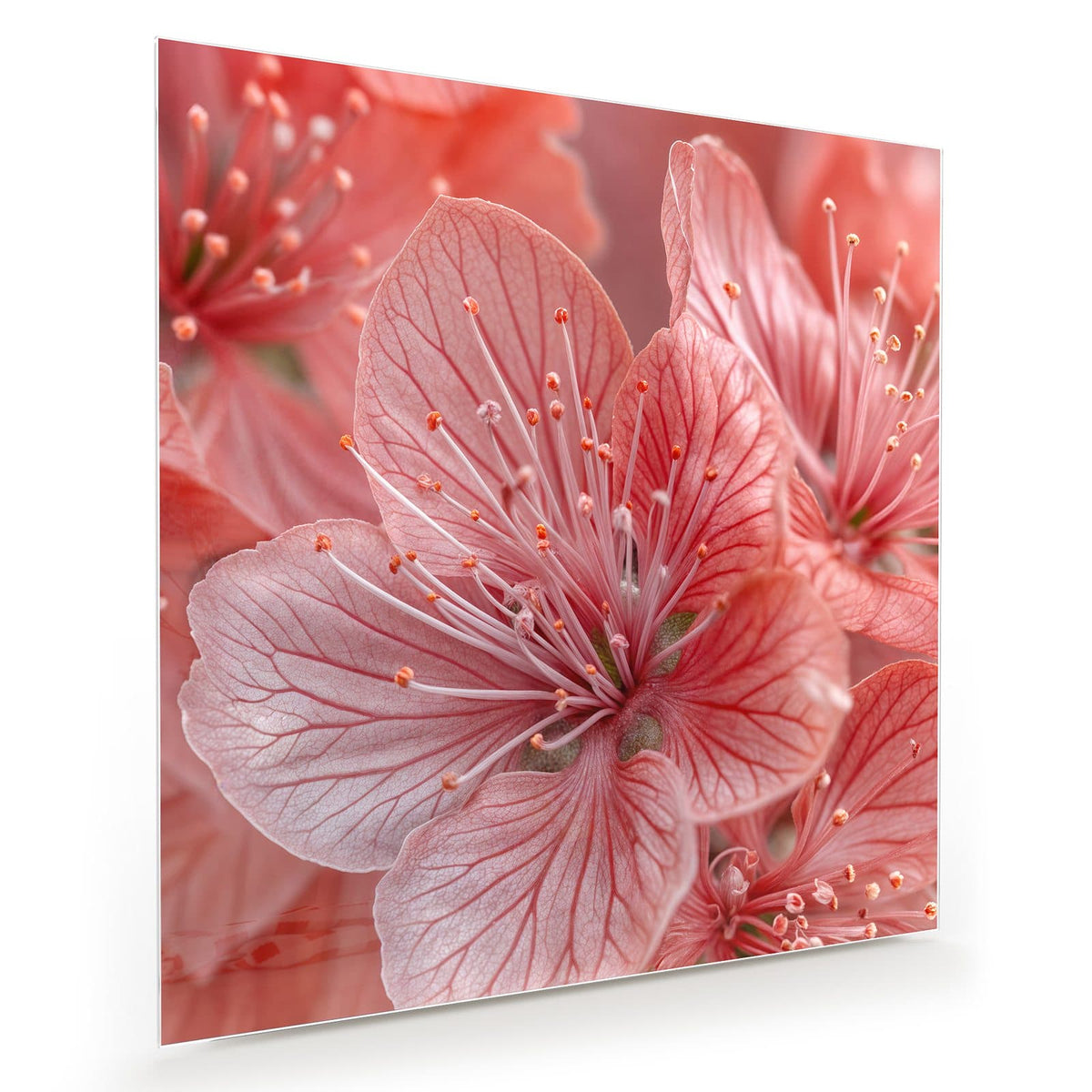 Makro von korallenrosa Blüten mit feiner Aderung und langen hellen Staubgefäßen.