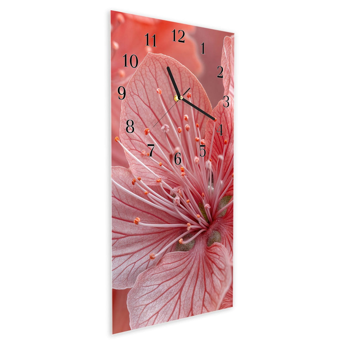Vormontiert – mit Schwebeeffekt – Wanduhr Stille Blumenpracht aus Glas – Hochformat 30 × 60 cm