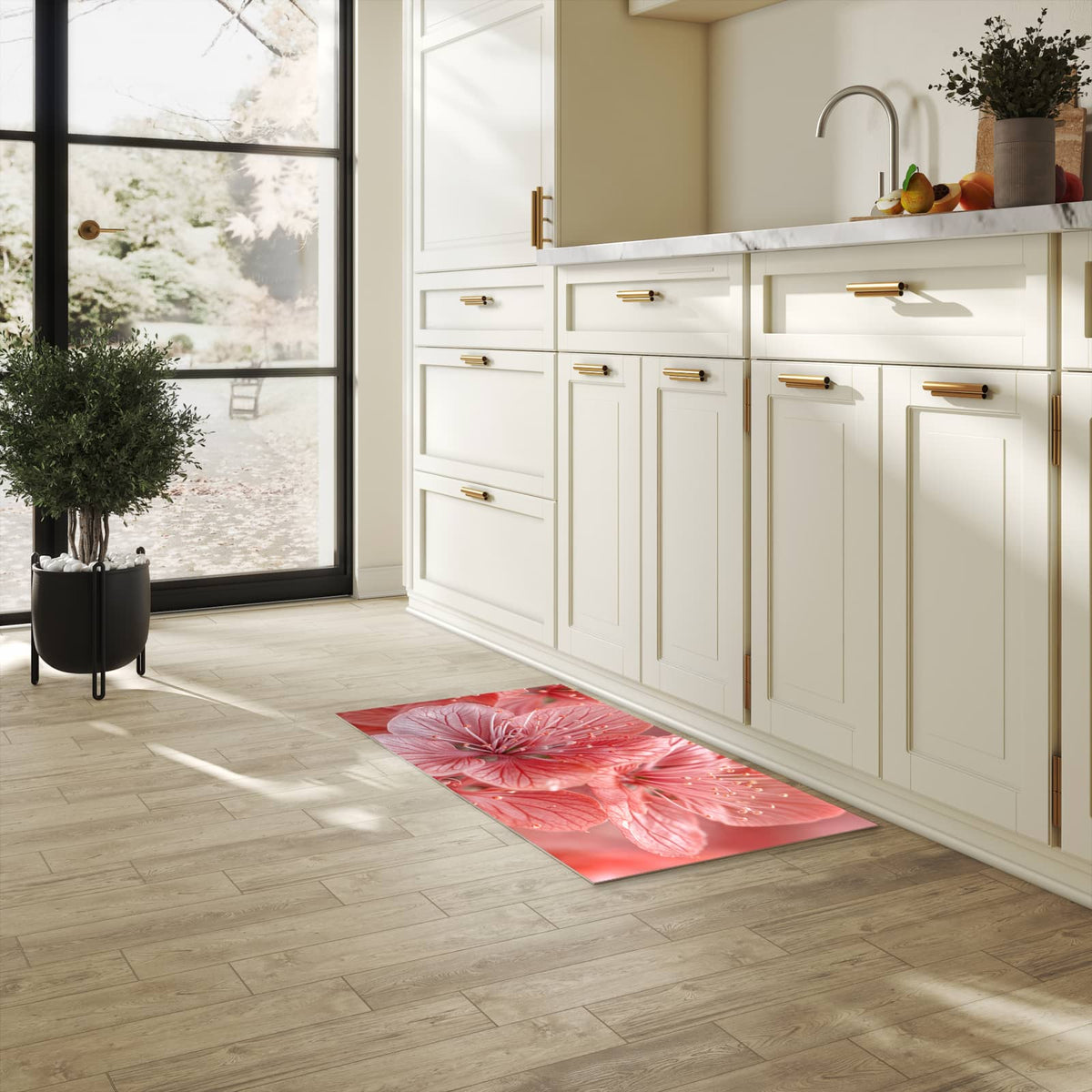 Zeitsparender waschbarer Küchenteppich mit Motiv Stille Blumenpracht in heller Küche