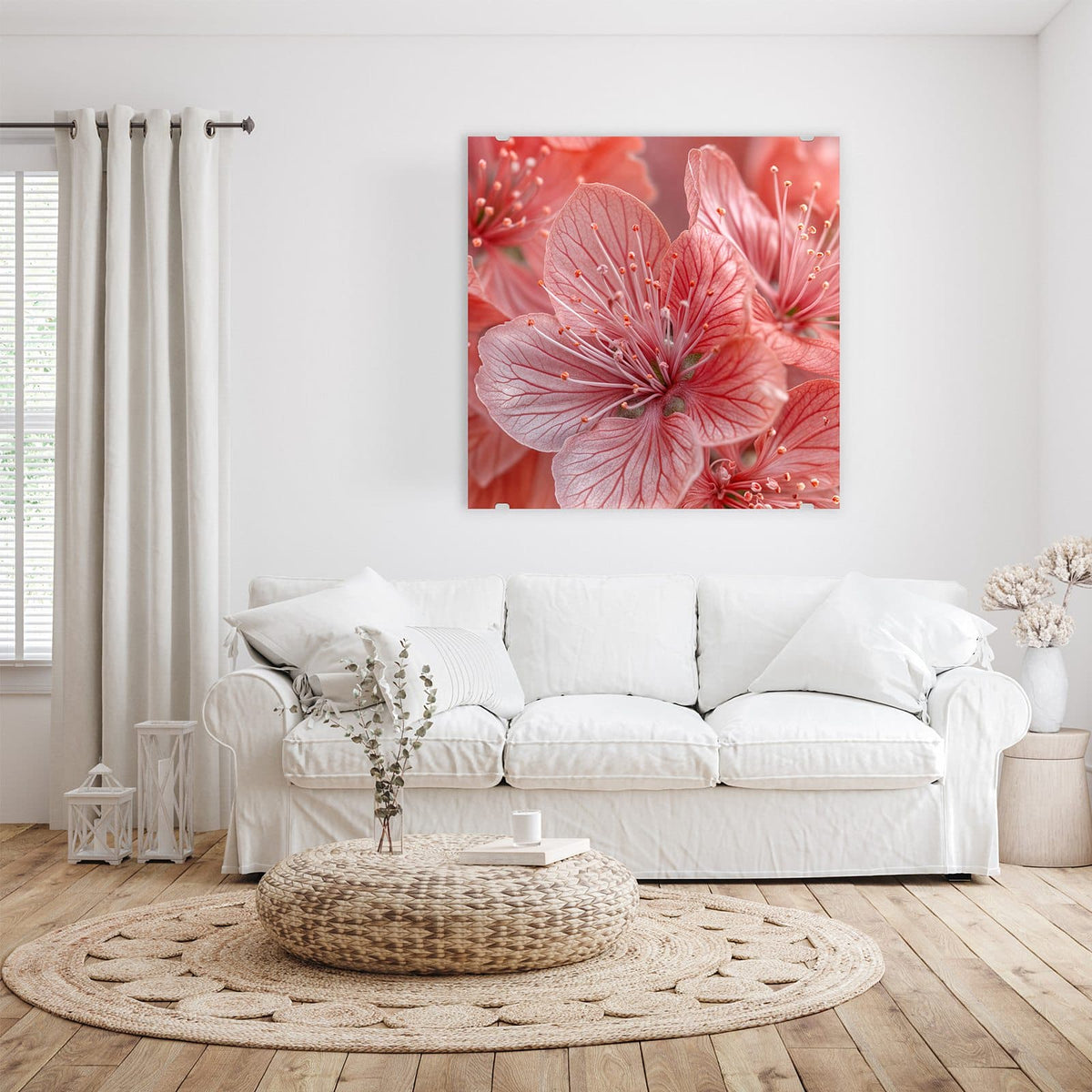 Glasbild Korallenrote Blüten an der Wand – Makro von korallenrosa Blüten mit feiner Aderung und langen hellen Staubgefäßen.