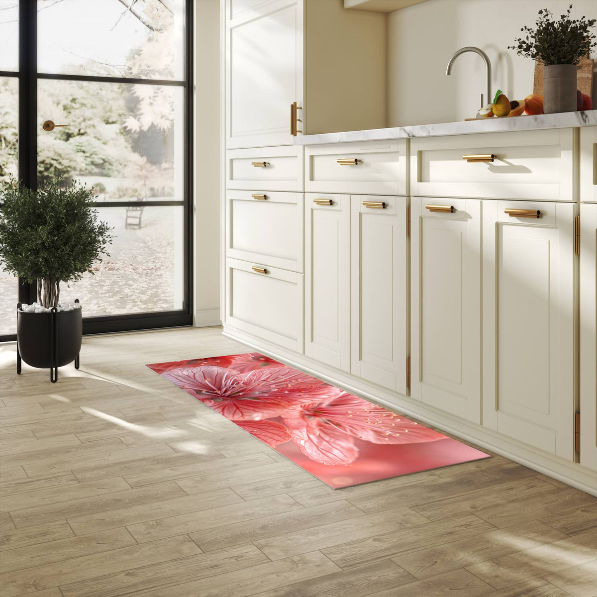 Abriebfester Küchenläufer mit Motiv Stille Blumenpracht in heller Küche