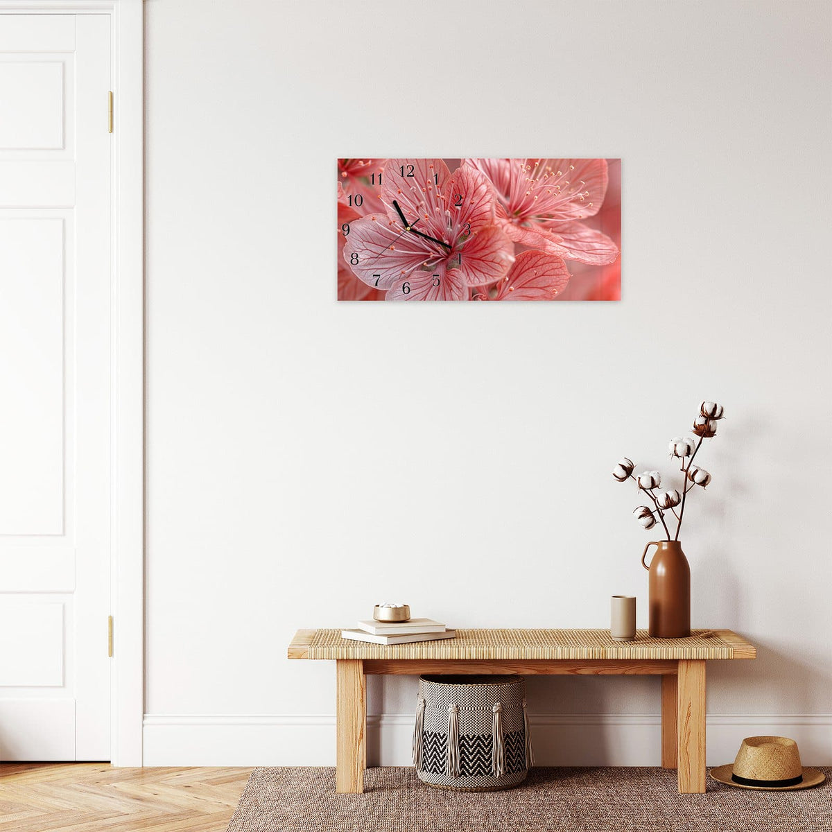 Moderne Wanduhr aus Glas mit Farbtiefe – Wanduhr Stille Blumenpracht aus Glas – Querformat 60 × 30 cm