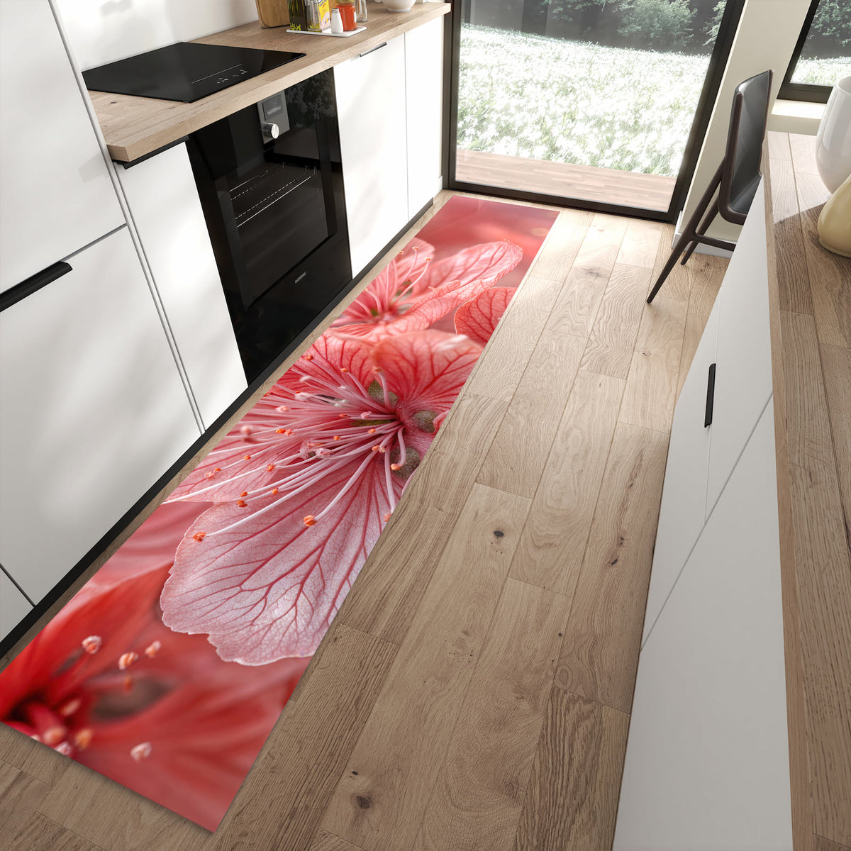 Rutschfester waschbarer Küchenteppich mit Motiv Stille Blumenpracht in moderner Küche