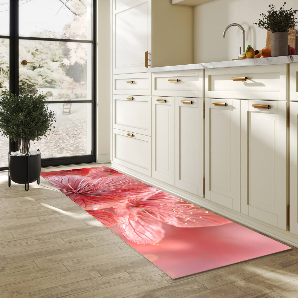 Langlebiger dünner Küchenteppich mit Motiv Stille Blumenpracht in heller Küche