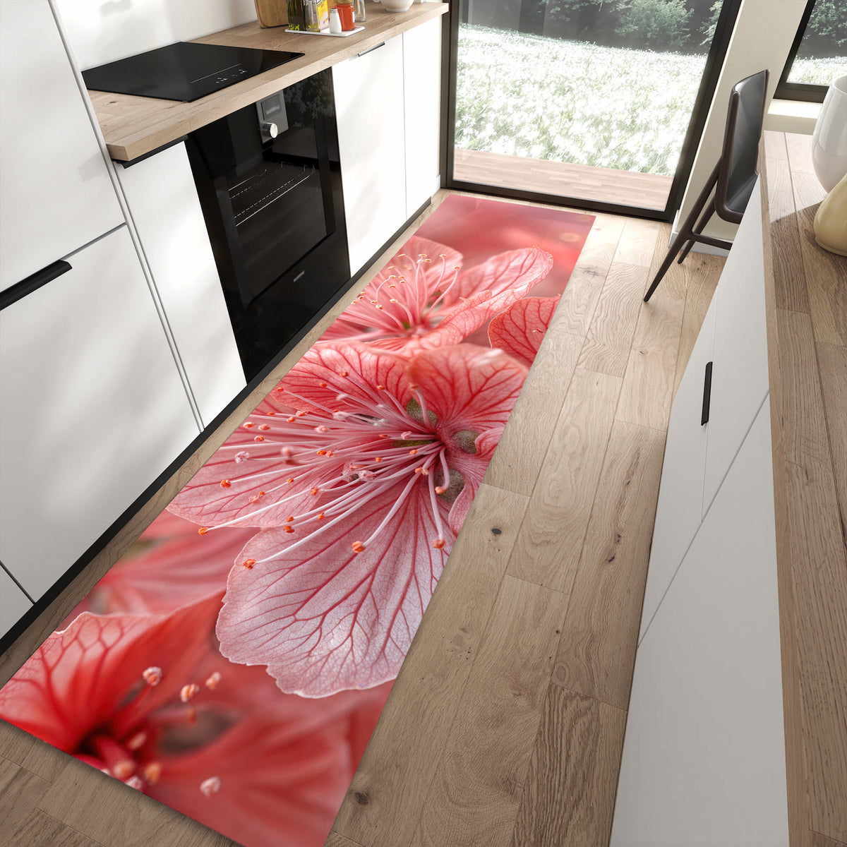 Farbbeständiger waschbarer Küchenläufer mit Motiv Stille Blumenpracht in moderner Küche