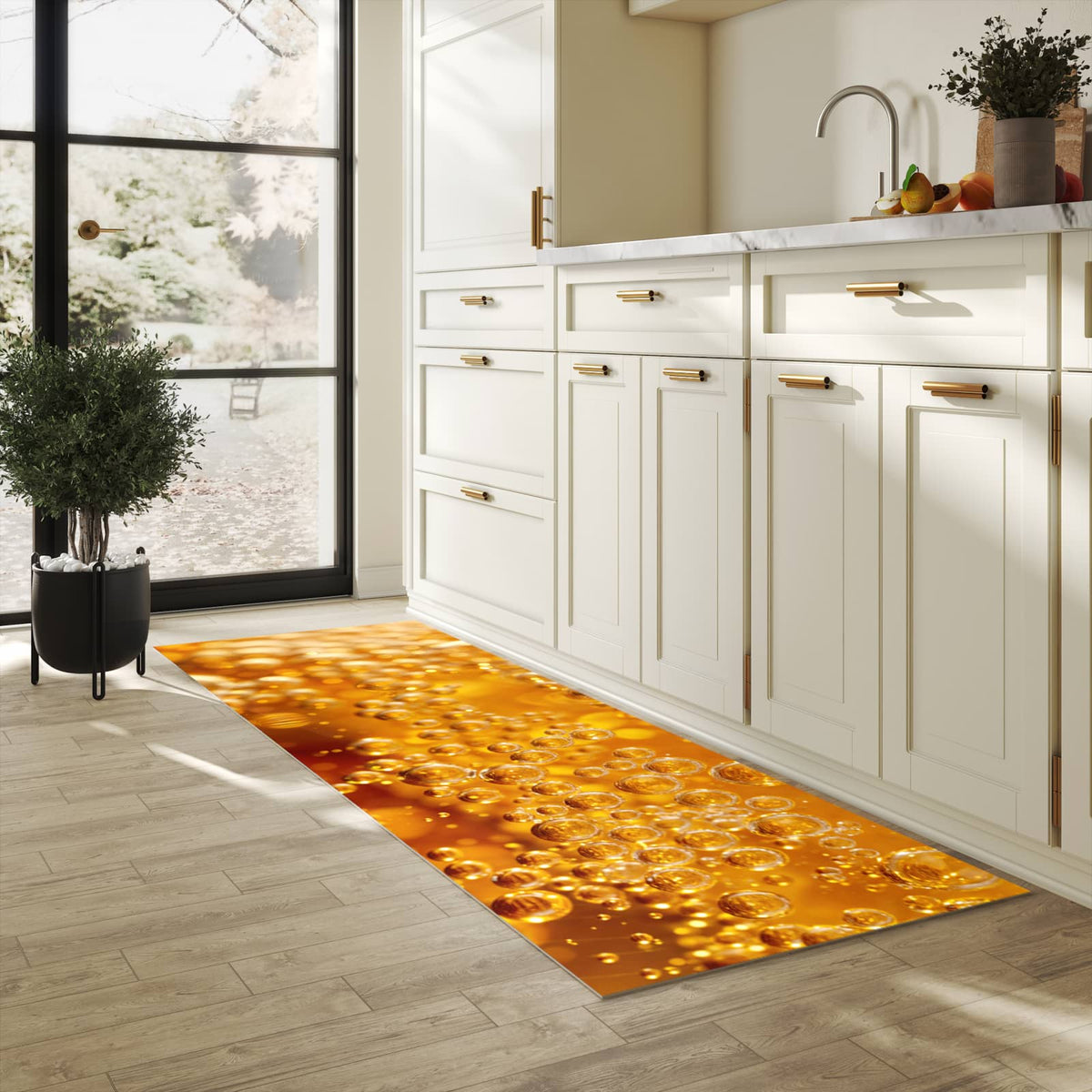 Wasserabweisender Küchenläufer mit Motiv Sprudelnde Blasen in heller Küche