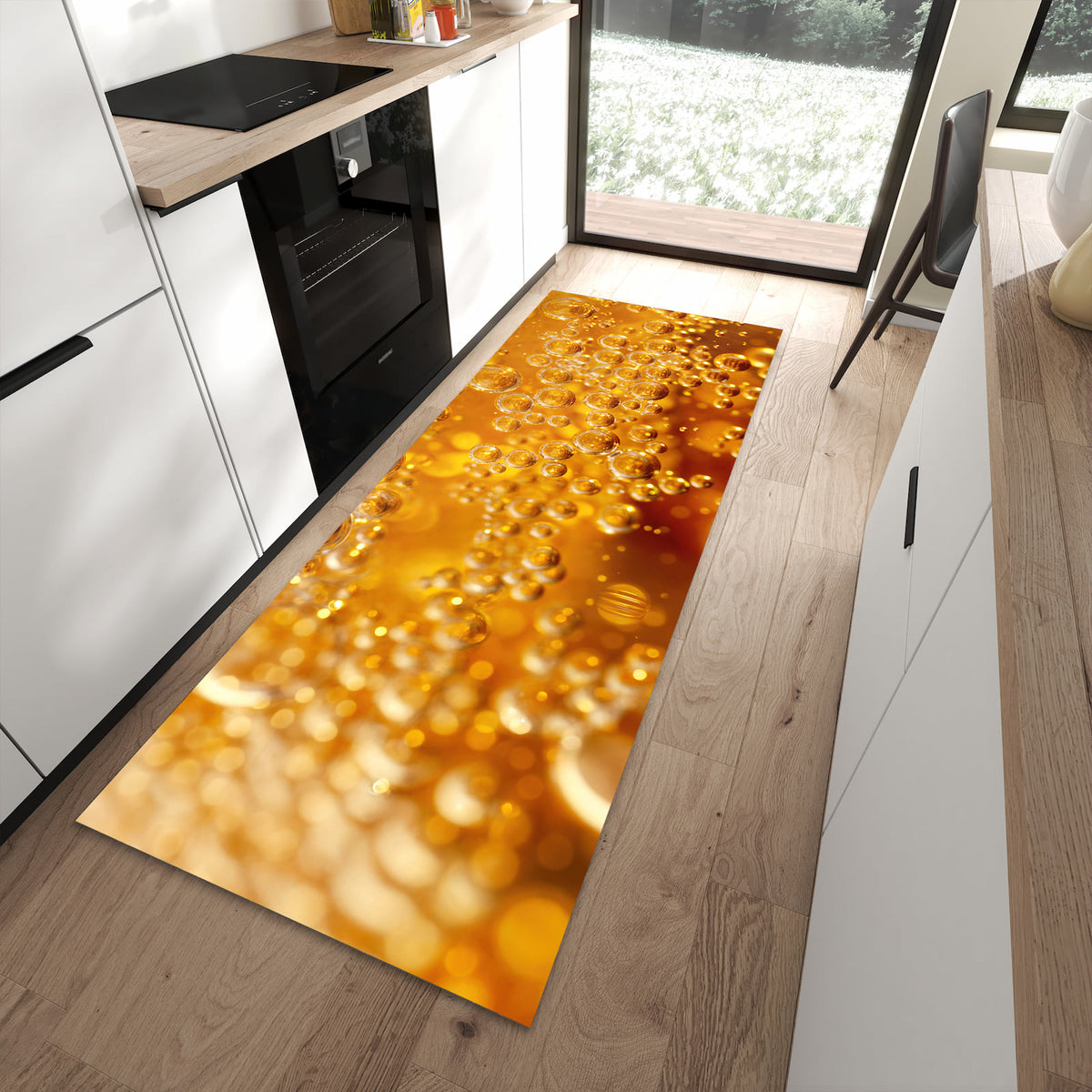 Bodenschonender langer Teppich mit Motiv Sprudelnde Blasen in moderner Küche