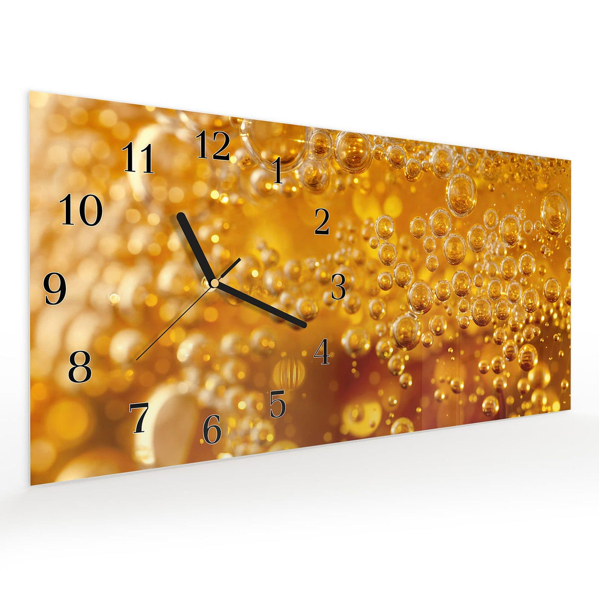 Vormontiert – mit Schwebeeffekt – Wanduhr Sprudelnde Blasen aus Glas – Querformat 60 × 30 cm