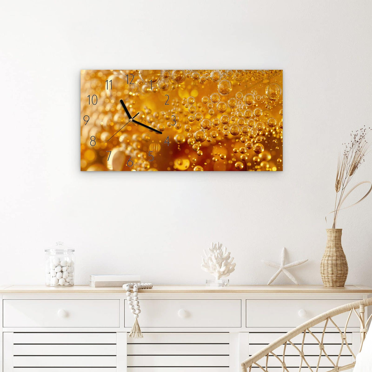 Wanduhr Sprudelnde Blasen aus Glas – Querformat 60 × 30 cm – Schwebende goldene Kugeln